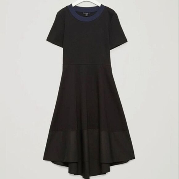 COS Paneled Black Jersey Dress Size XS Fit & Flare Modest Stealth Wealth Classic - Picture 2 of 13